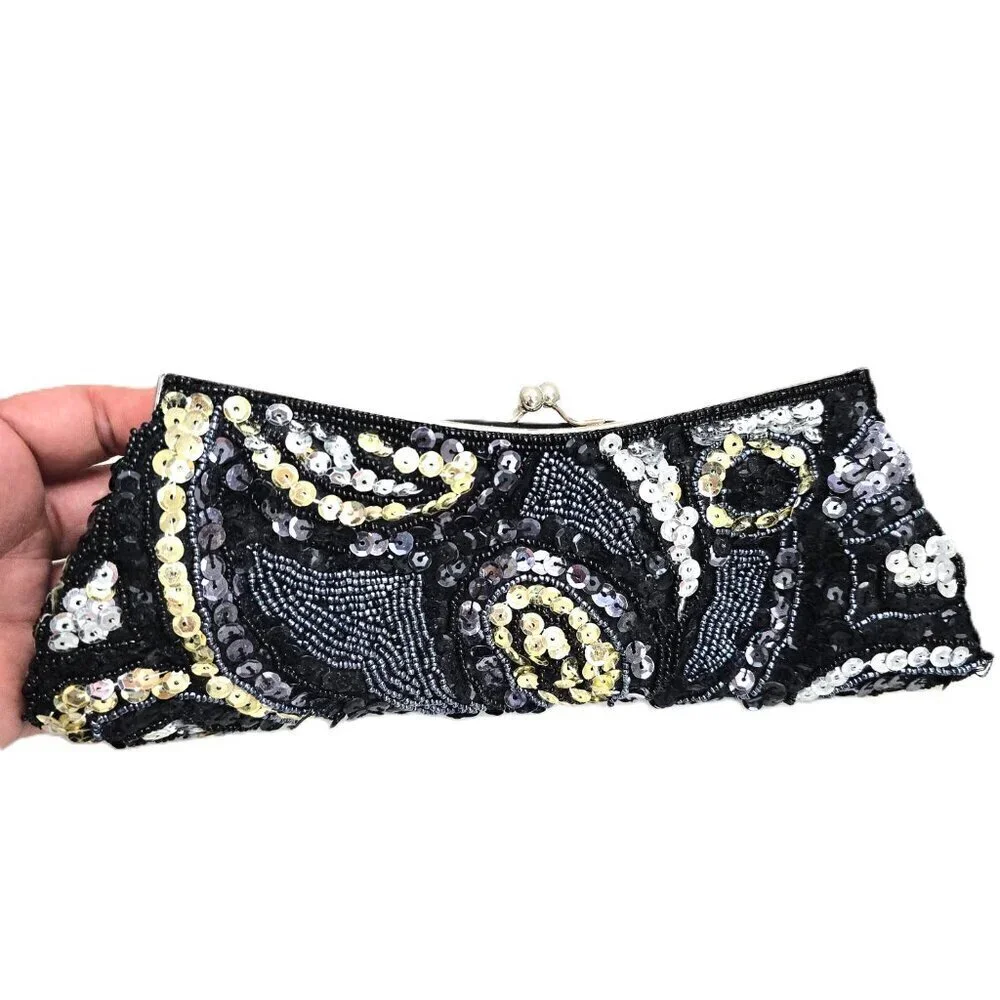 Moni Couture Black Gold Paisley Embellished Sequin Convertible Evening Clutch
